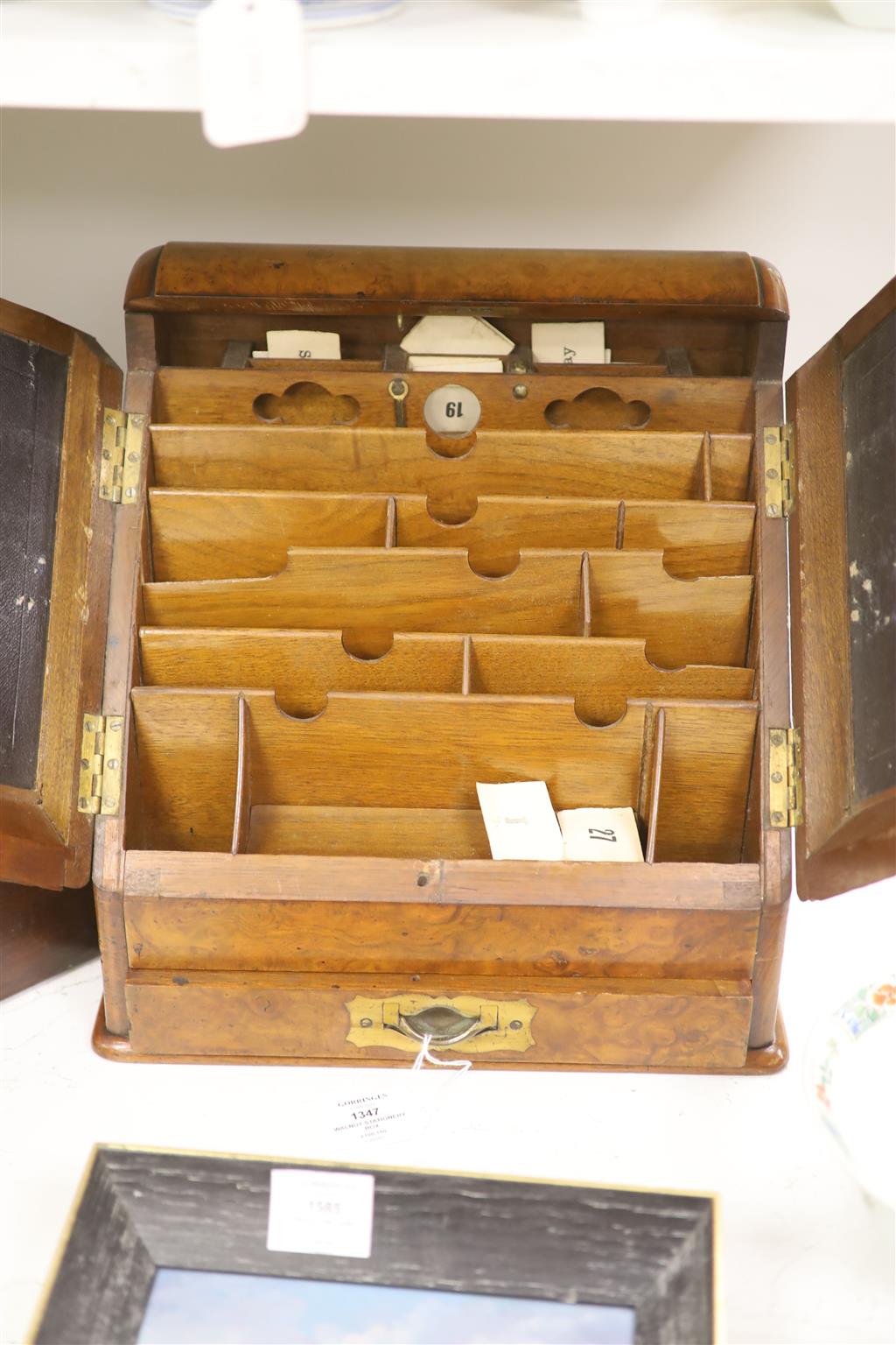 A Victorian burr walnut stationery cabinet, height 33cm, width 33cm